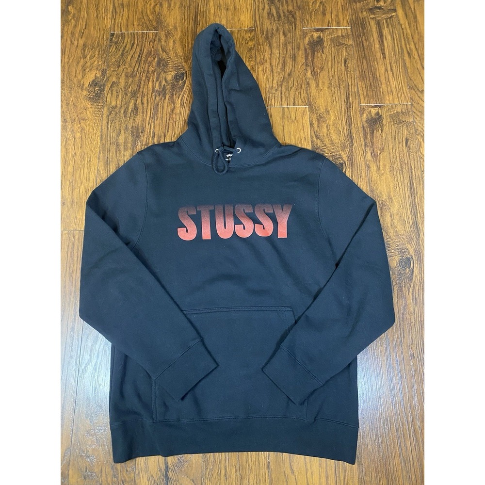 Vintage Stussy Hoodie Spellout Block Logo Black Red Y2K 90s Made In USA Size M